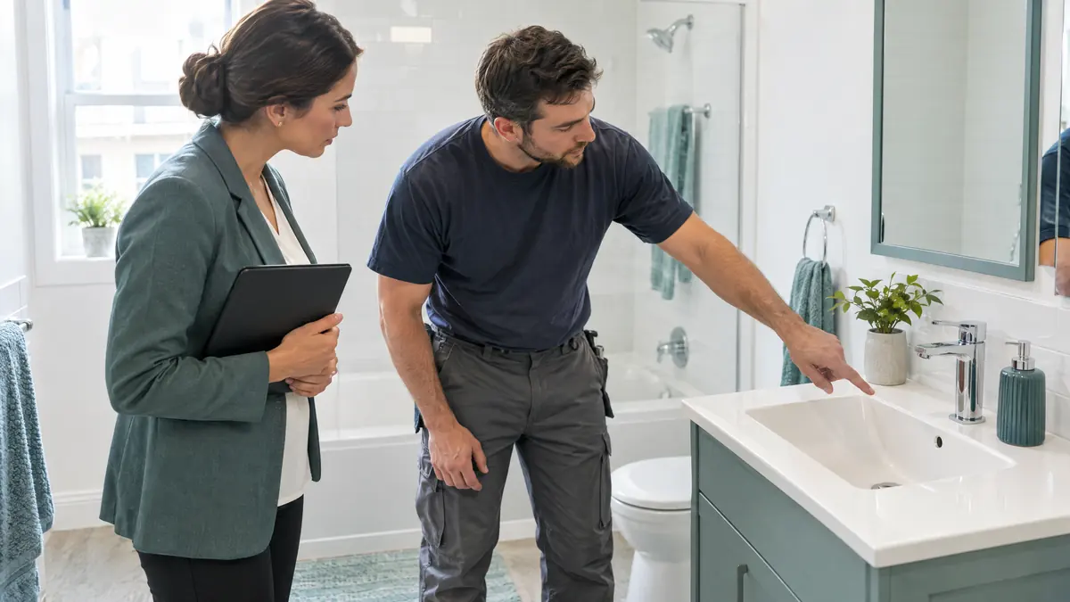 Un plomero y la administradora revisan la reparación del lavamanos en el baño de un apartamento