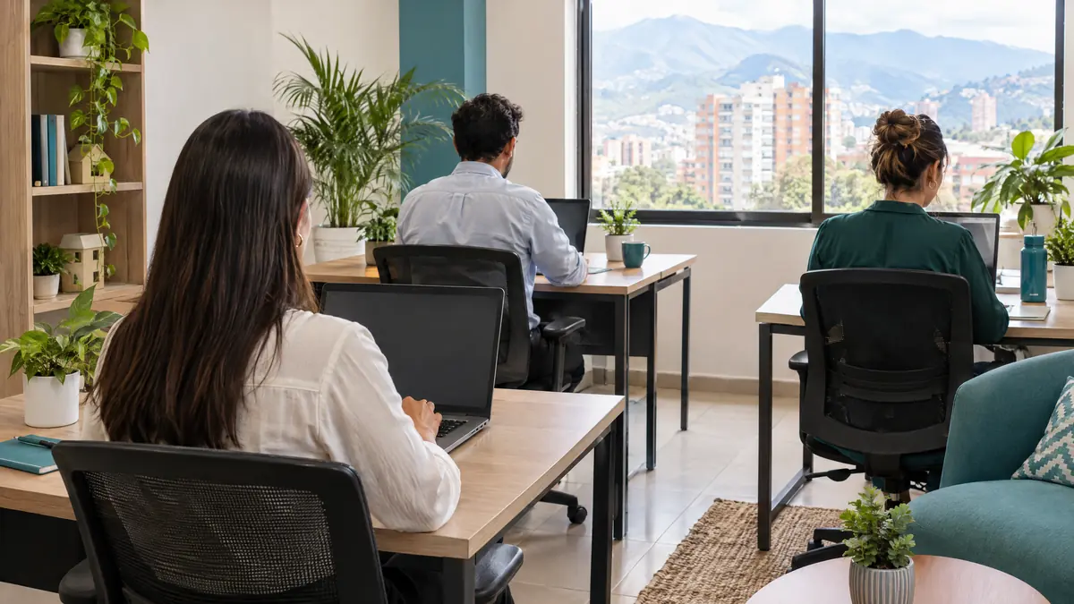 El equipo de una inmobiliaria trabaja en su oficina con vista a la ciudad