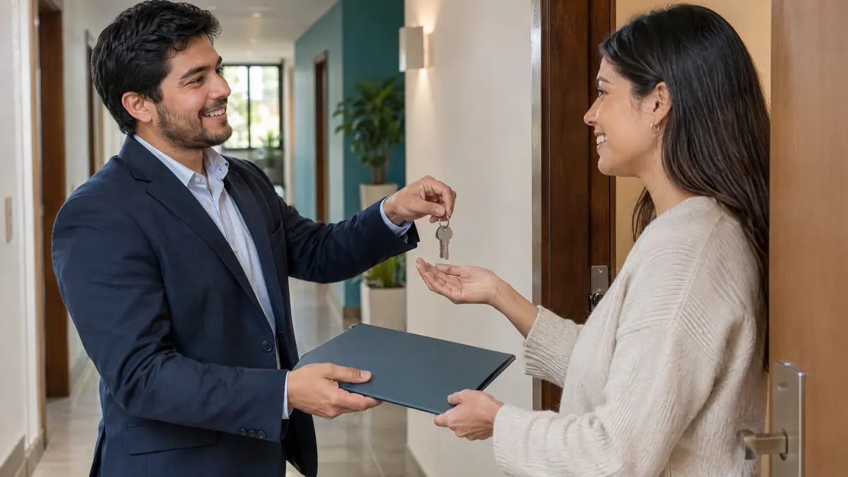 Un agente inmobiliario le entrega una carpeta y las llaves a la propietaria en la puerta del apartamento
