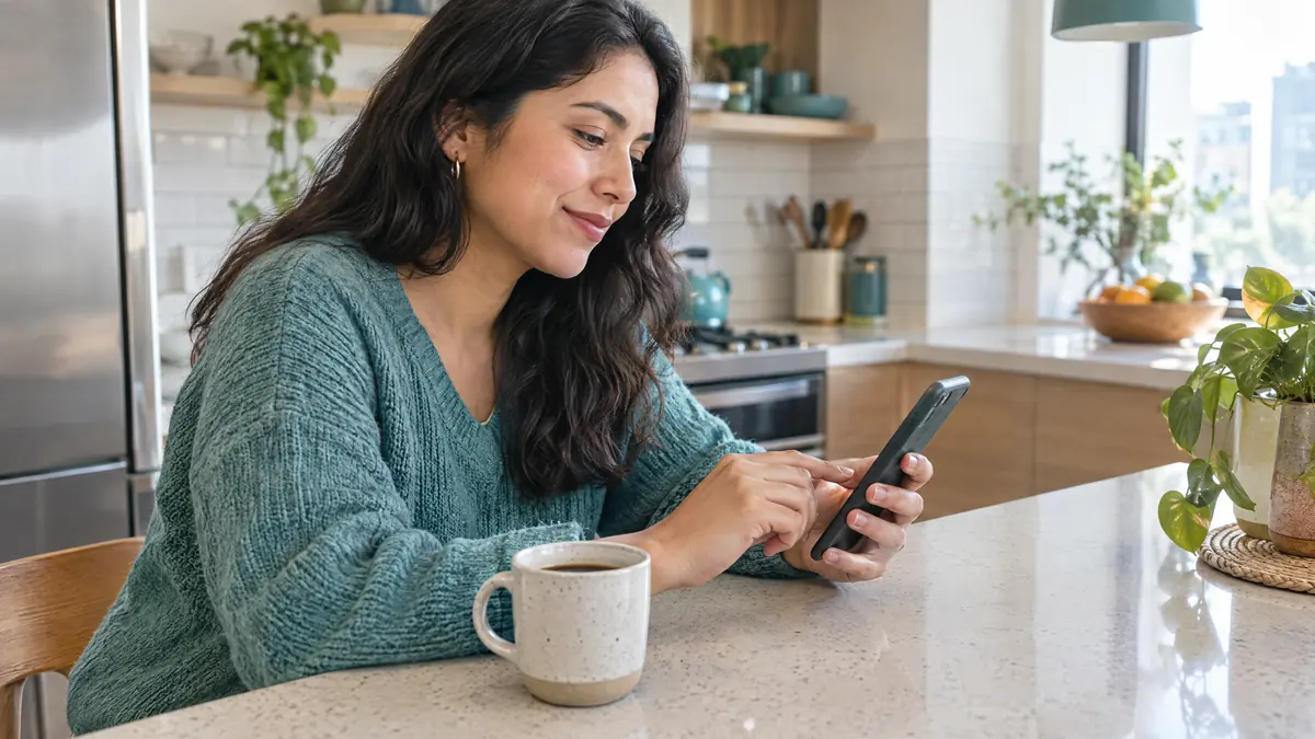 Un arrendatario paga el arriendo desde el celular en la cocina de su apartamento