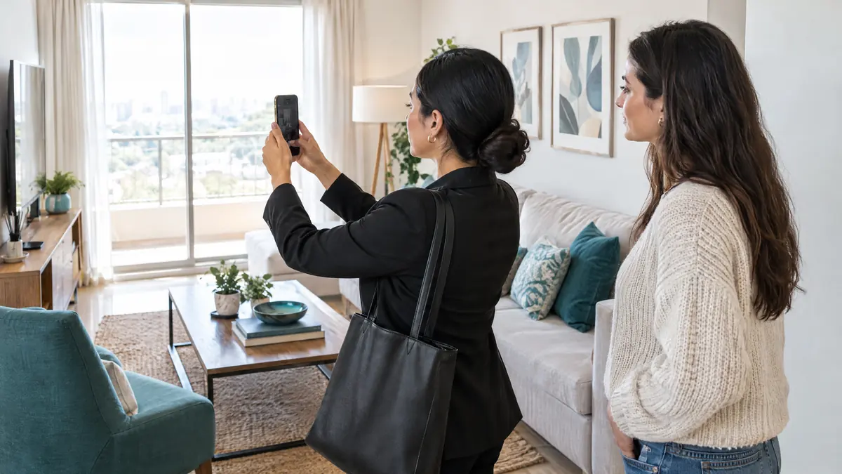 Una agente inmobiliaria fotografía la sala con el celular mientras la arrendataria observa: el acta de entrega con fotos
