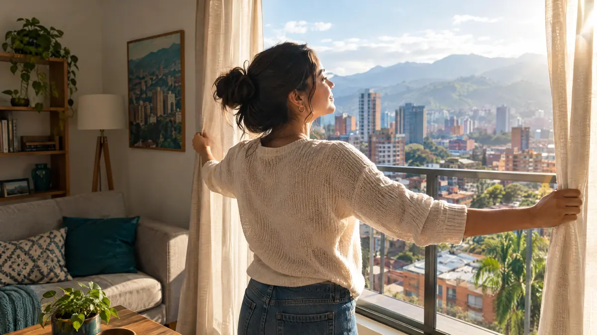 Una mujer abre las cortinas de su nuevo apartamento con vista a la ciudad: el comienzo del contrato