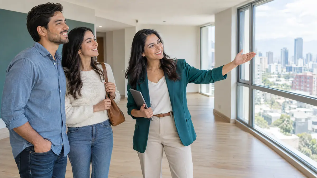 Una agente inmobiliaria le muestra un apartamento luminoso a una pareja que lo va a arrendar