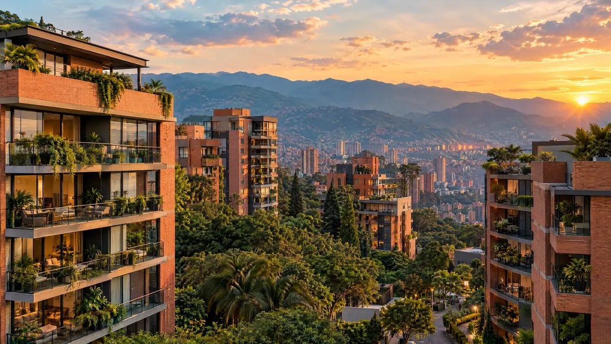Edificios residenciales de ladrillo en Medellín al atardecer, con balcones y montañas al fondo