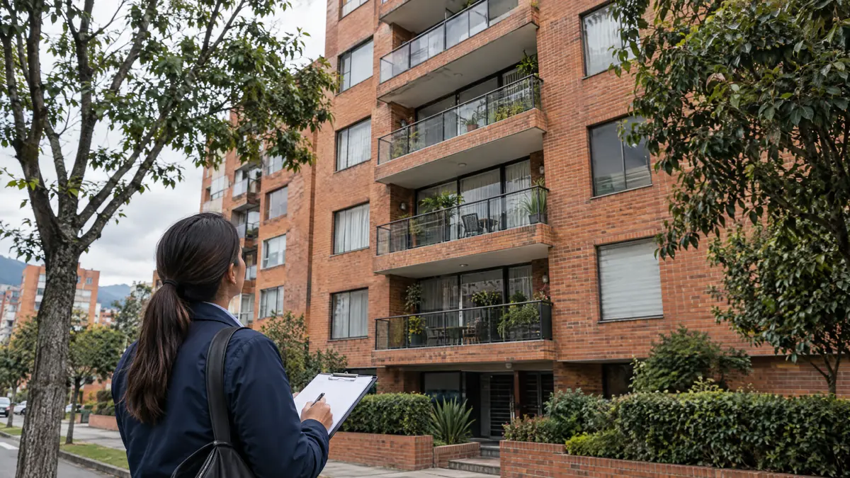 Una evaluadora con una carpeta mira un edificio de ladrillo en Bogotá: el valor comercial y el avalúo catastral del inmueble