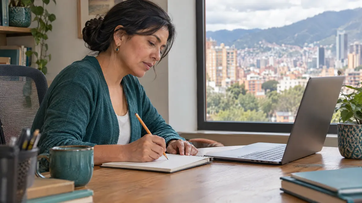 Una mujer hace a mano la cuenta del nuevo canon de arrendamiento en su escritorio con vista a Bogotá