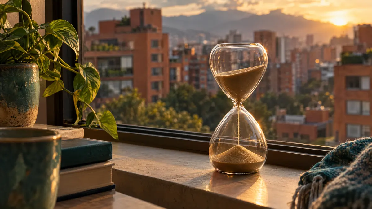 Un reloj de arena en la ventana de un apartamento de Bogotá al atardecer: los 12 meses que deben pasar antes del reajuste