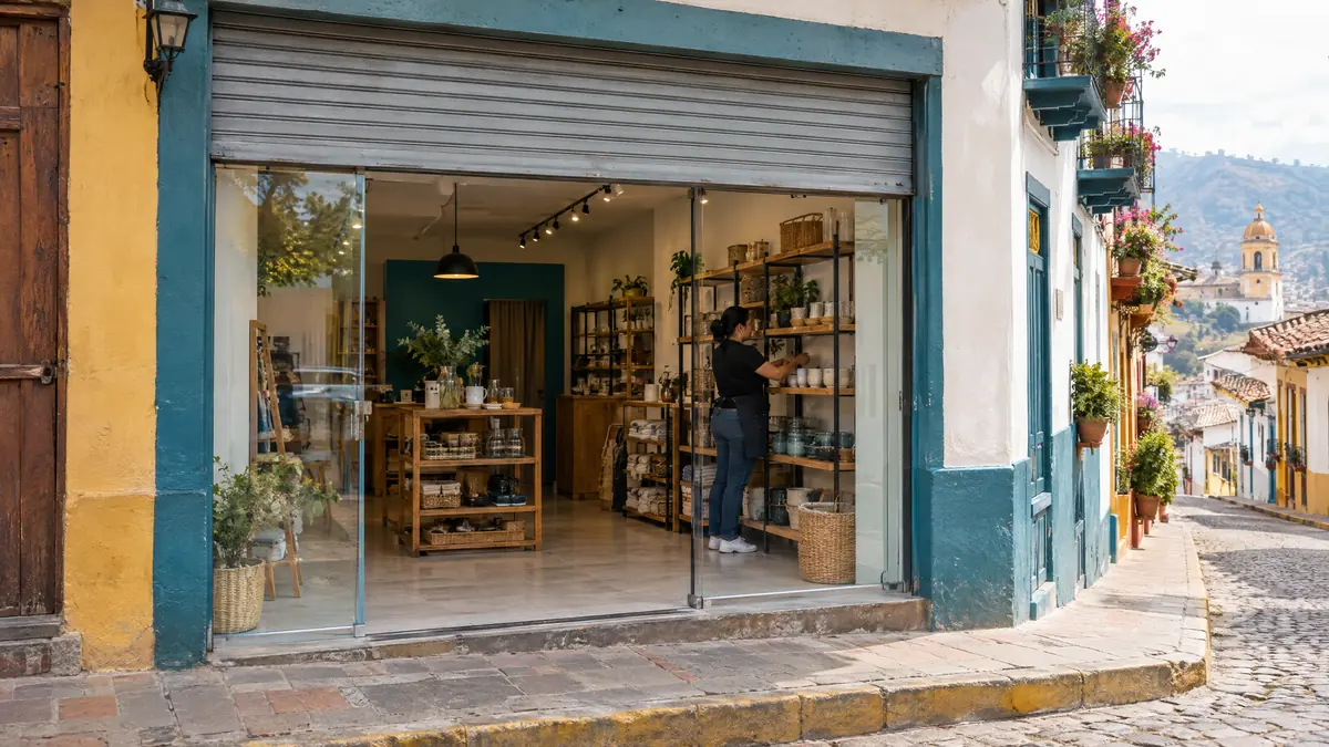 Un local comercial a la calle en un barrio colombiano, con su dueña organizando los estantes