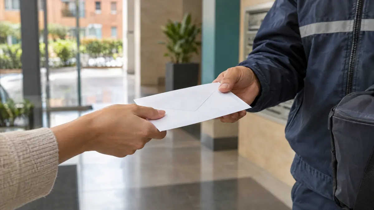 Una persona entrega un sobre a un mensajero en la portería de un edificio: la notificación del aumento por correo certificado