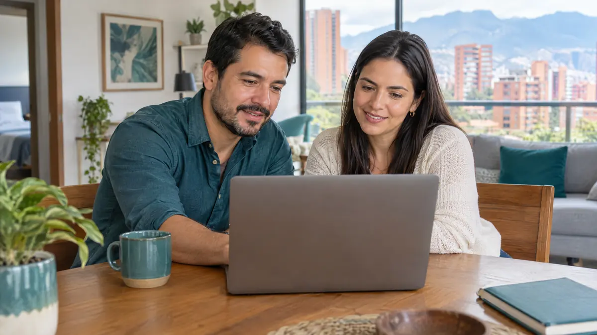 Un arrendador y una arrendataria revisan juntos en el computador la renovación del arriendo en un apartamento de Medellín