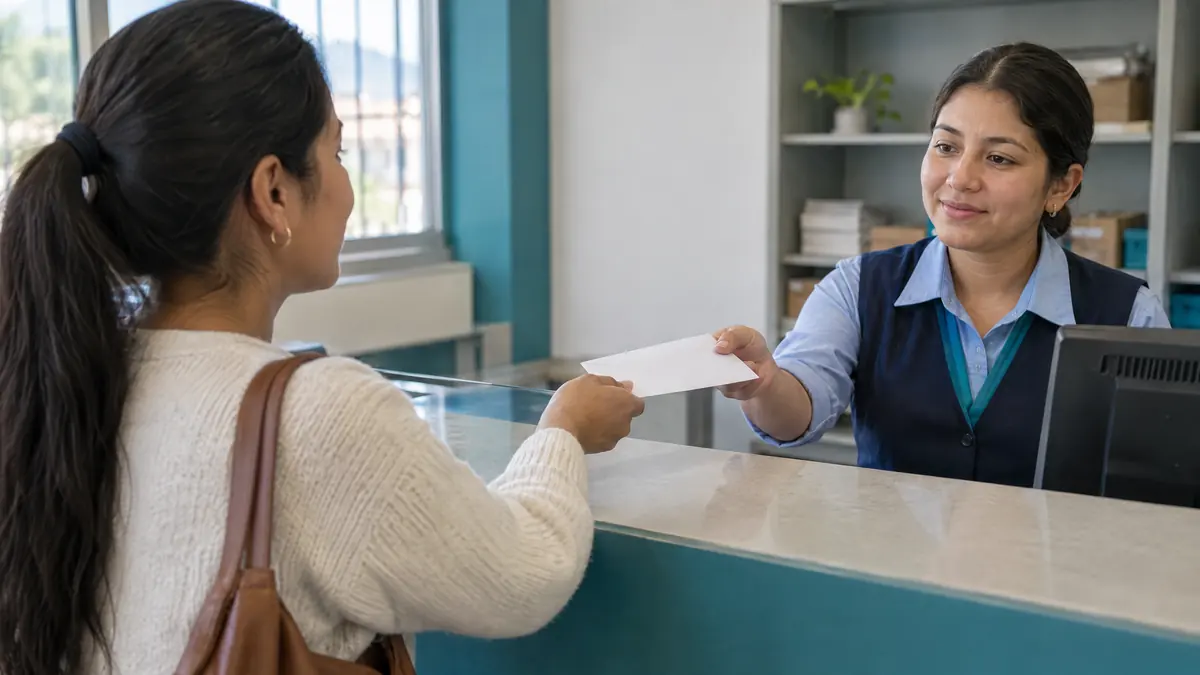 Una arrendataria entrega un sobre en la ventanilla de una oficina de correo para enviar el preaviso por correo certificado