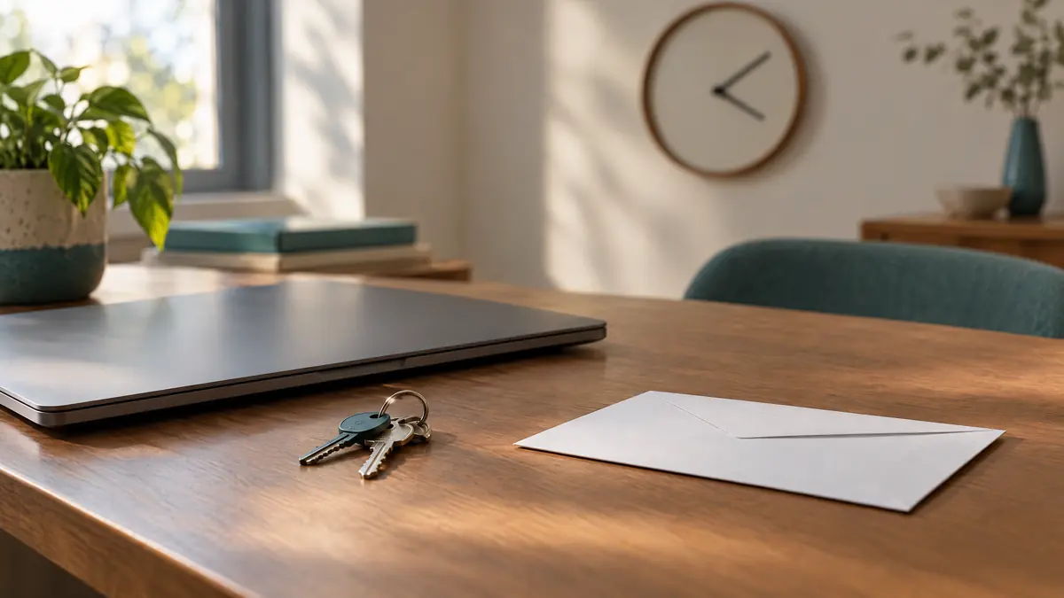 Un escritorio con un computador cerrado, las llaves del apartamento y un sobre: el plazo para avisar antes del vencimiento