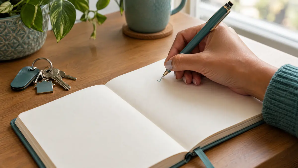 Una mano marca un día en una agenda junto a las llaves del apartamento: la fecha límite para dar el preaviso