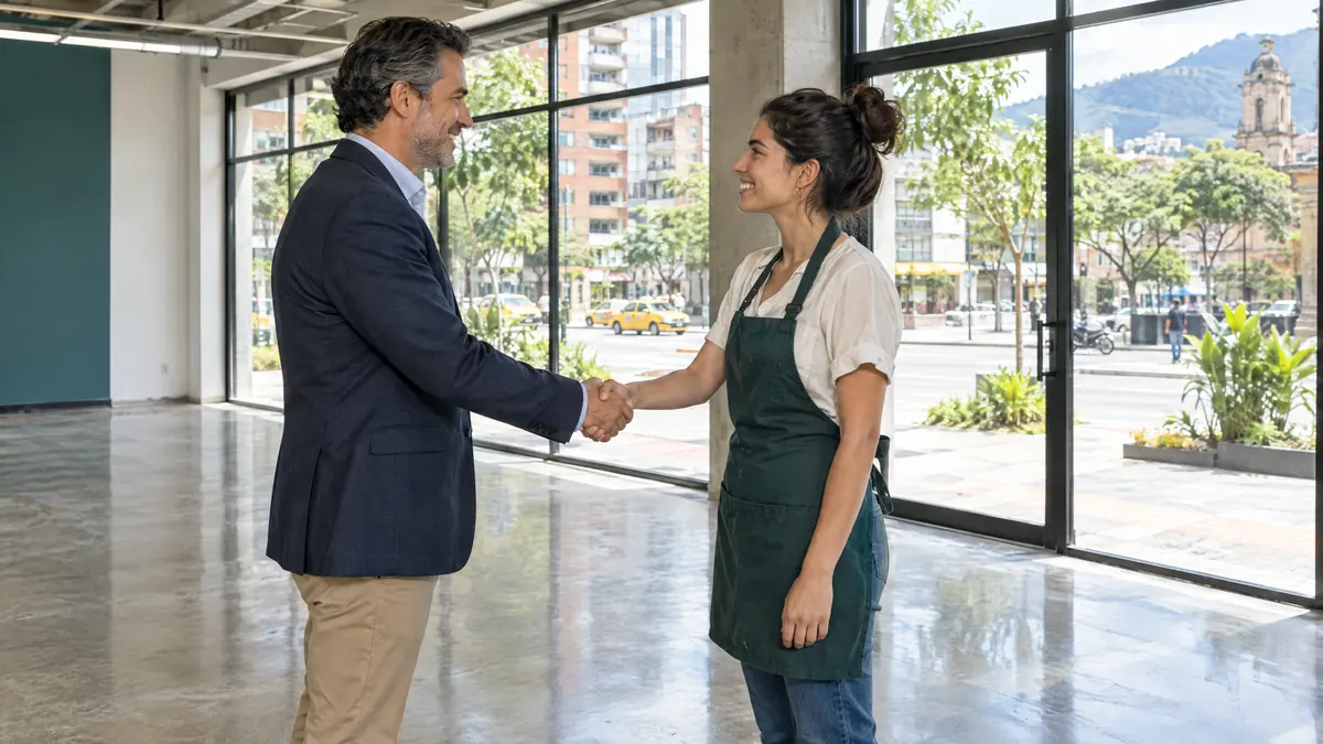 Un propietario y una emprendedora se dan la mano en un local comercial vacío con fachada de vidrio