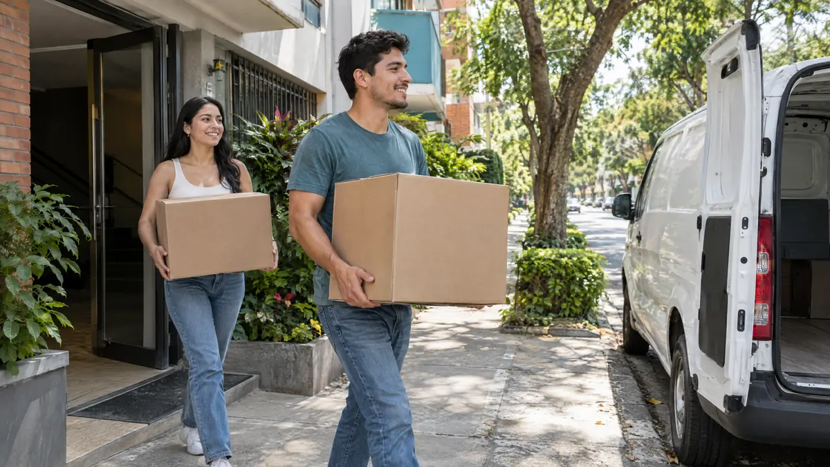 Una pareja saca cajas de trasteo de un edificio hacia un furgón: la entrega del inmueble antes de que termine el contrato